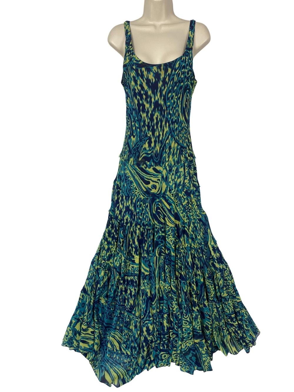 Y2K Jones New York Maxi Dress 12 Blue Green Paisley Tiered Ruffle Flowy Fairy